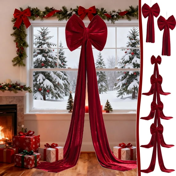 Red Flocked Decorative Christmas Bow, 31",Extra Large Burgundy Velvet Bow for Christmas Tree Decorations, Holiday Decorative Hanging Ornament with for Home, Mantel & Garland