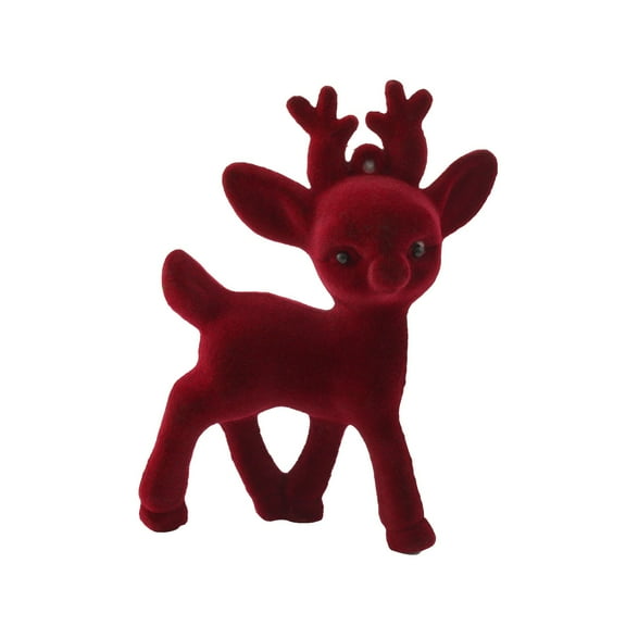 Red Flocked Deer Figurine, 9.5X7 Inch Simulation White - Tailed Deer, For Christmas Decor, Desktop Display, Home Accent