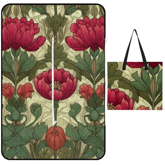 Red Floral Art Nouveau Seamless Pattern Picnic Blanket Waterproof Outdoor Beach Blanket Hand-held Pad Suitable for Travel, Camping, Beach, Family Gatherings