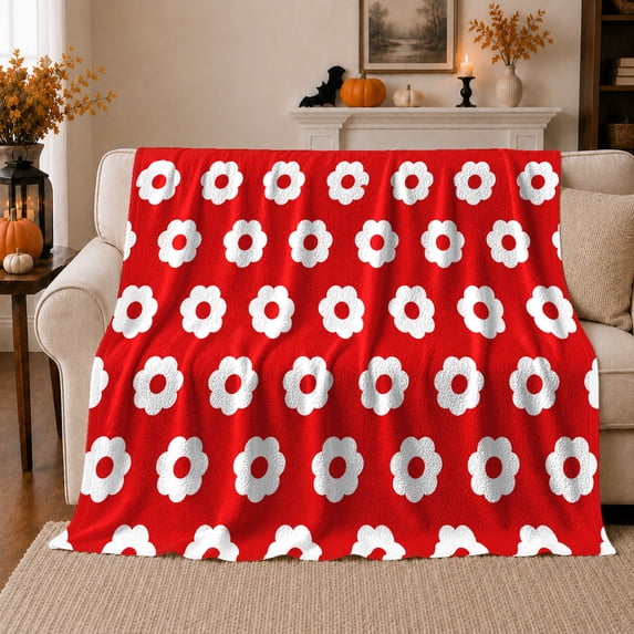 Red Floral Autumn Pumpkin, Festive Halloween Scene, Warm Flannel Blanket for Living Room and Family Room with Detailed Artwork, Art Lovers Halloween Gift, Festive Home Decor