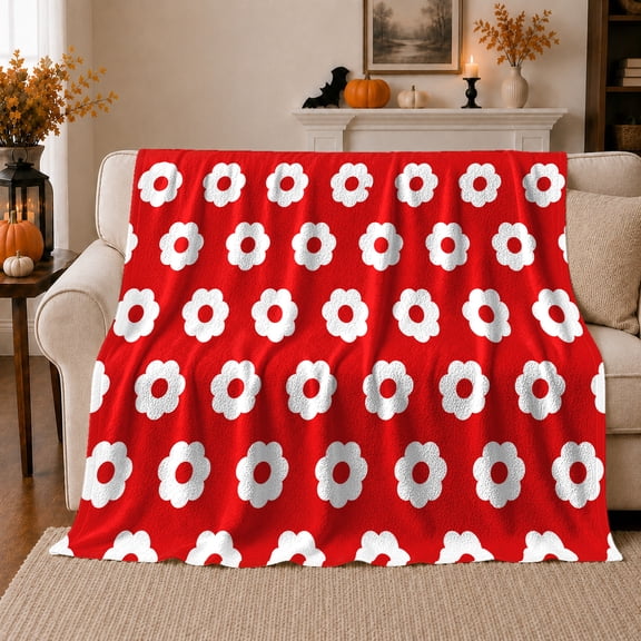 Red Floral Autumn Pumpkin, Festive Halloween Scene, Warm Flannel Blanket for Living Room and Family Room with Detailed Artwork, Art Lovers Halloween Gift, Festive Home Decor
