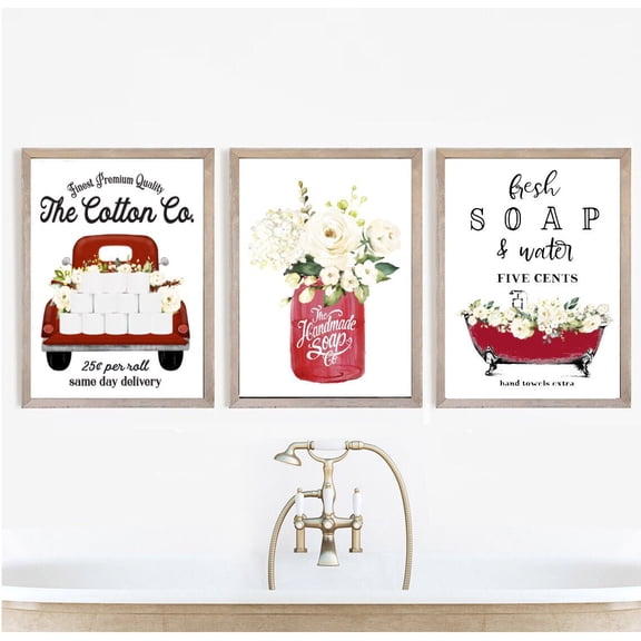 Red Floral Bathroom Wall Art Cotton Co Bathroom Wall Decor, Vintage Farmhouse Bathroom Decor Poster Printed Poster, Poster Only