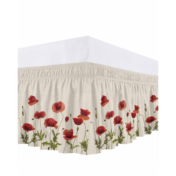 Red Floral Bed Skirt King Size 16 Inch Drop, Pastoral Concubine Flowers Vintage Linen Adjustable Elastic Dust Ruffles Bedskirt for King Bed Wrap Around Pleated Mattress Frame Cover