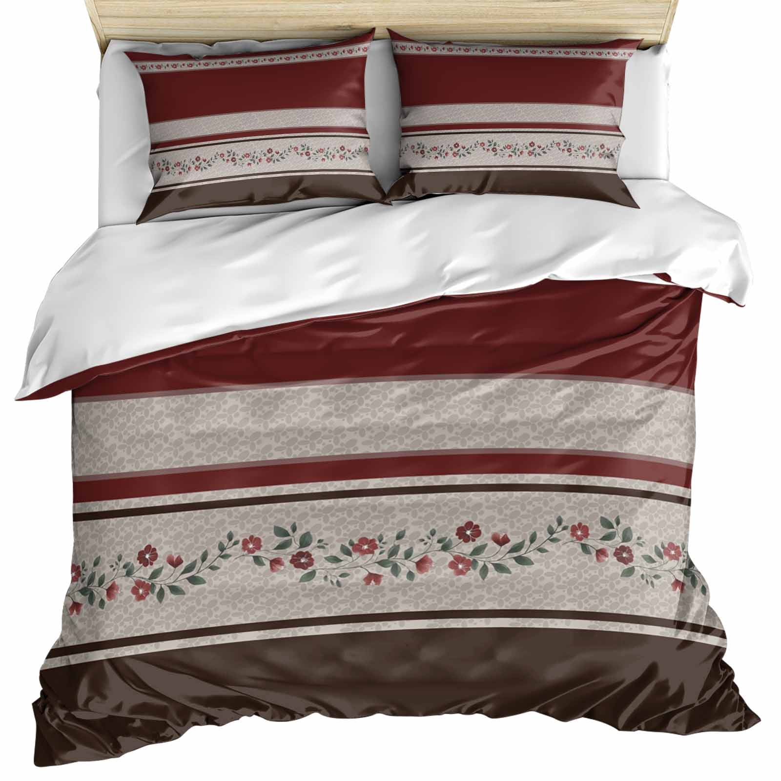 Red Floral Bedding 3 Piece Duvet Cover Set California King, Modern Farmhouse Leaves Brown Striped Microfiber Comforter Cover with Zipper Closure & Pillowcases, Wrinkle & FadeResistant Quilt Cover