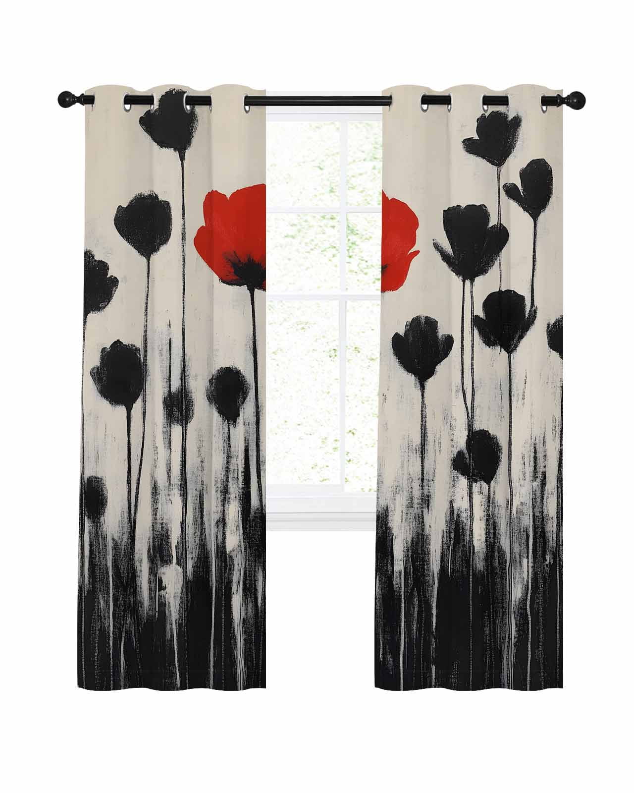 Red Floral Blackout Curtains 84 Inch Length Country Oil Painting Red Black Flower Linen Texture Vintage Thermal Insulated Window Curtain Window Drapes 2 Panels for Bedroom Living Room 42"Wx84"L