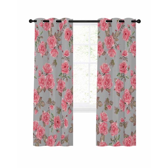 Red Floral Blackout Curtains, Light Blocking Print Window Curtains, Farmhouse Garden Flowers Botanical Thermal Insulated Window Drapes for Living Room Kitchen Cafe 2 Panels, 84"W x 63"L