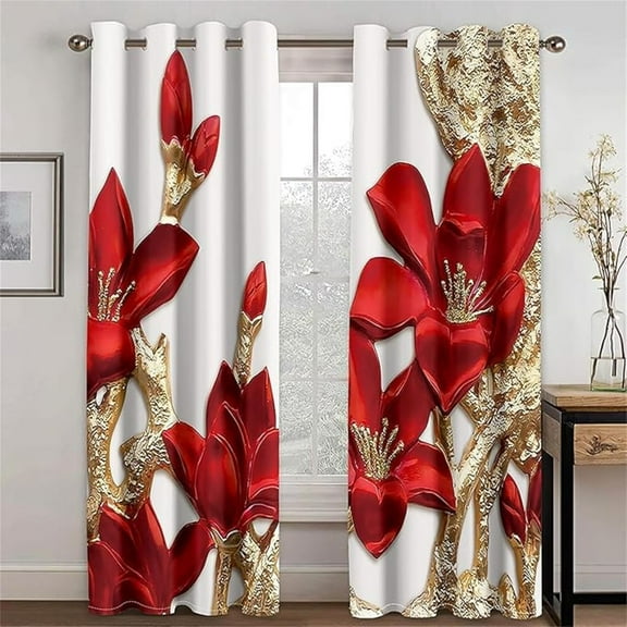 Red Floral Blackout Curtains Set, 3D Print Embossed Flower Red And Gold Luxury Print Room Darkening Thermal Insulated Drapes Window Curtains For Bedroom Living Room 26"W x 63"L (Pack of 2)