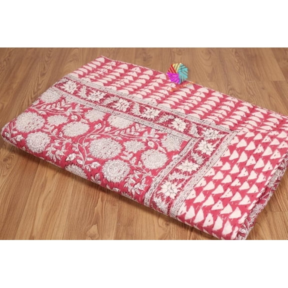 Ozark Textile Red Floral Block Print Indian Kantha Quilt Handmade Cotton Bedspread Artisan Stitched Indian Boho Decor