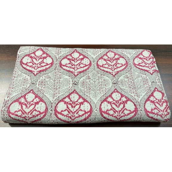 Red Floral Block Print Indian Kantha Quilt Handmade Cotton Bedspread Hand-Stitched Blanket Lightweight Boho Bedding Quilt