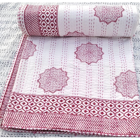 Red Floral Block Print Indian Kantha Quilt, Handmade White Cotton Bedspread, Hand Stitched Coverlet Throw Blanket