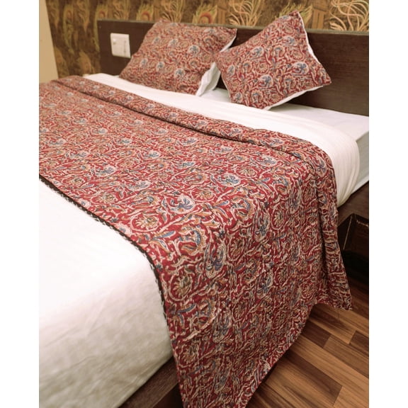 Red Floral Block Print Kantha QuiltĆ¢ā¬āHandmade Cotton Bedspread, Queen Twin Quilt, Indian Cotton Bedding, Traditional Floral Quilt from Jaipur