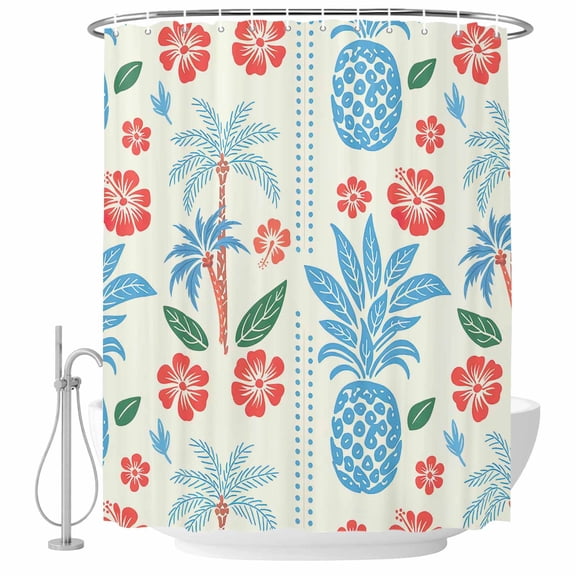Red Floral Blue Pineapple Bathroom Shower Curtains with Hooks, Summer Palm Tree Waterproof Fabric Washable Shower Curtain for Home Hotel Bathtub Decor 72x72 Inch