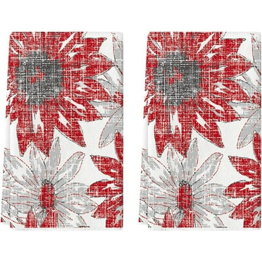 Red Floral Boho Kitchen Towels Dish Towels, 18x26 Inch Seasonal Spring Summer Decoration Hand Towels Set of 2