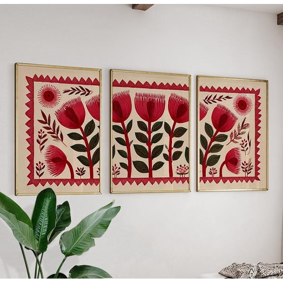 Red Floral Botanical Folk Art Flower Triptych Vintage Nature Art, Poster Only