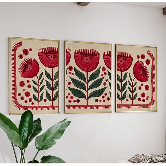 Red Floral Botanical Folk Style Flower Triptych Vintage Nature Art Set 3 Stretched Canvas 8x12