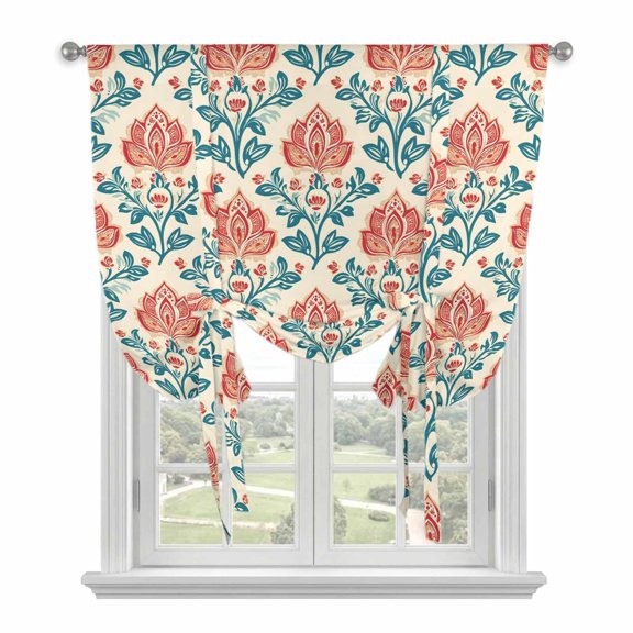 Red Floral Branch Tie Up Curtain for Window, Retro Teal Leaves Plant Adjustable Tie Up Balloon Curtain Valances Rod Pocket Window Treatment for Kitchen Bathroom Bedroom 34"x45"