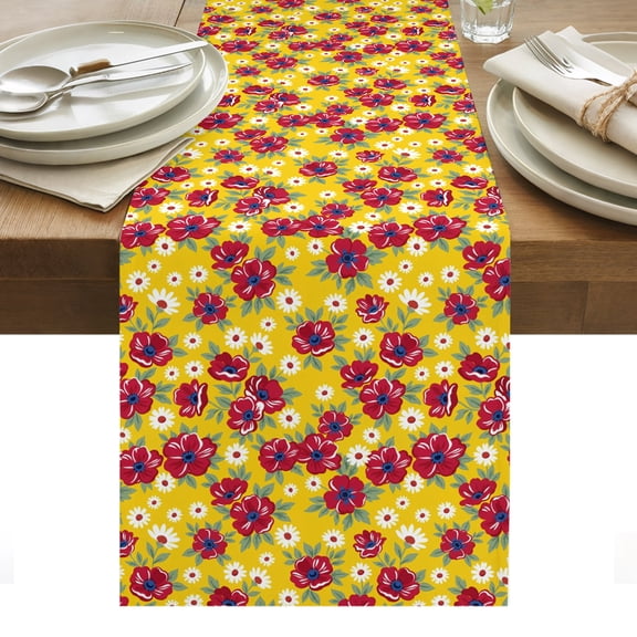 Red Floral Cotton Linen Table Runner Flower Leaves Farmhouse Yellow Background Dining Table Runners for Home Decor Party Dining Room Restaurant Kitchen Party 13" x 36"