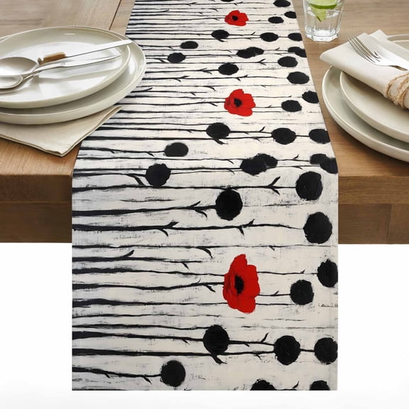 Red Floral Cotton Linen Table Runner Oil Painting Black Red Flower Linen Texture Vintage Dining Table Runners for Home Decor Party Dining Room Restaurant Kitchen 13" x 36"