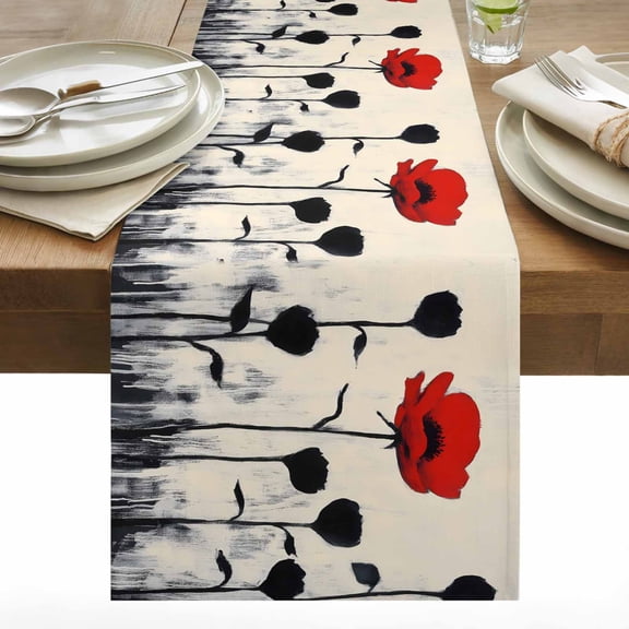Red Floral Cotton Linen Table Runner Oil Painting Red Black Flower Linen Texture Vintage Dining Table Runners for Home Decor Party Dining Room Restaurant Kitchen 13" x 48"