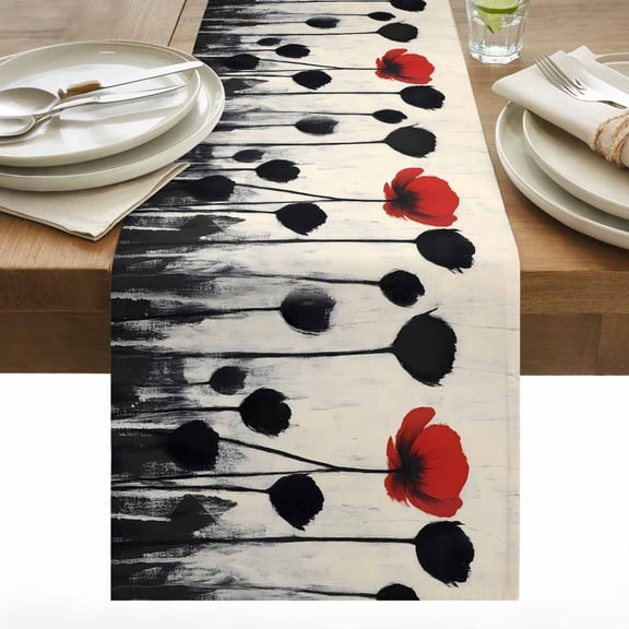 Red Floral Cotton Linen Table Runner Oil Painting Red Black Flower Retro Linen Texture Dining Table Runners for Home Decor Party Dining Room Restaurant Kitchen 13" x 60"