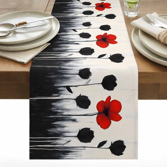 Red Floral Cotton Linen Table Runner Oil Painting Red Black Flower Rustic Linen Texture Dining Table Runners for Home Decor Party Dining Room Restaurant Kitchen 13" x 36"