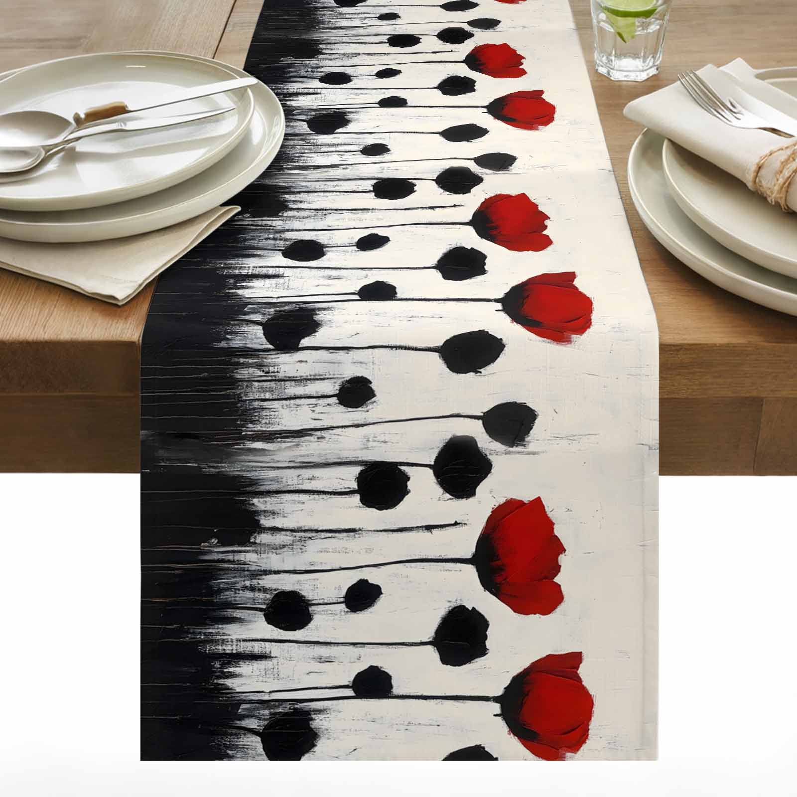 Red Floral Cotton Linen Table Runner Oil Painting Red Black Flower ...