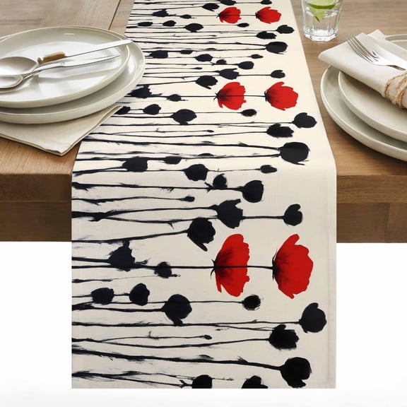 Red Floral Cotton Linen Table Runner Oil Painting Vintage Black Red Flower Linen Texture Dining Table Runners for Home Decor Party Dining Room Restaurant Kitchen 13" x 36"