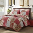 thumbnail image 1 of Red Floral Country Real Patchwork Cotton Reversible Coverlet Bedspread Quilt Bedding Set for Bedroom, Guest Room, Home, Hotel, Apartment, Dorm, Cottage, Queen, Machine Washable - 3 Piece, 1 of 5