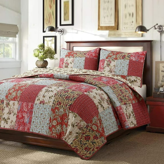 Red Floral Country Real Patchwork Cotton Reversible Coverlet Bedspread Quilt Bedding Set for Bedroom, Guest Room, Home, Hotel, Apartment, Dorm, Cottage, Queen, Machine Washable - 3 Piece