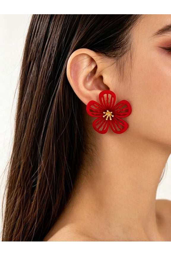 Red Floral Cut-Out Earrings With Gold-Tone Center Stud
