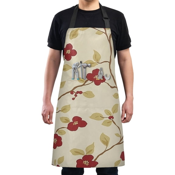 Red Floral Design on Beige Chef Kitchen Apron with Pockets for Women Waterproof Aprons for Cooking Baking