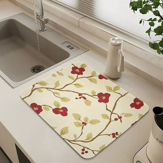 Red Floral Design on Beige Dish Drying Mat for Kitchen Counter Absorbent Drainer Mats (15.7X11.8Inch)