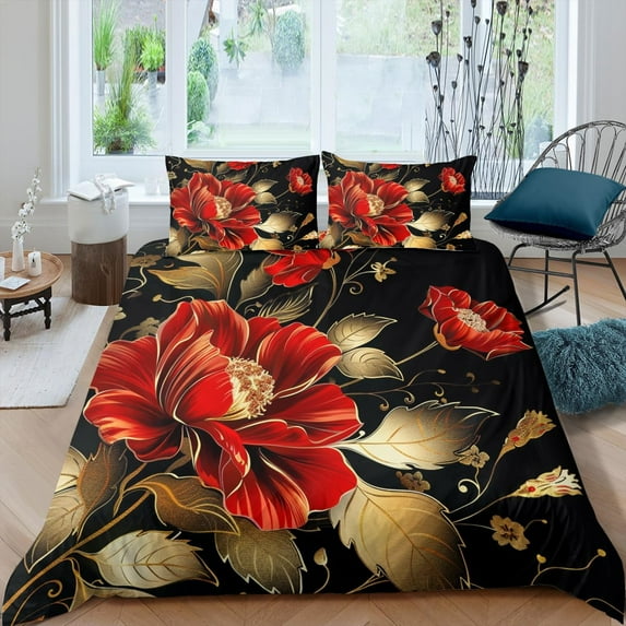 Red Floral Duvet Cover Golden Flower Bedding Set Vintage Chinese Rose Comforter Cover Romantic Gold Lines Botanical Elegant Flowers Bed Sets 3 Pieces Ultra Soft Washed Microfiber
