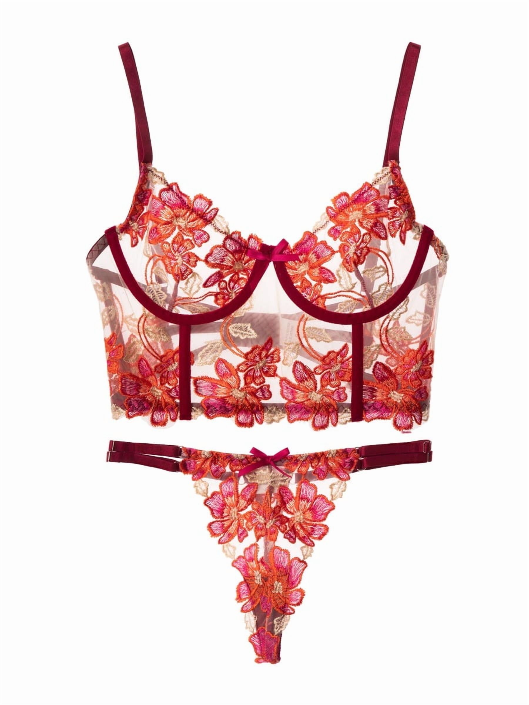 Red Floral Embroidery Bustier Straps Lingerie Set (RED, M)
