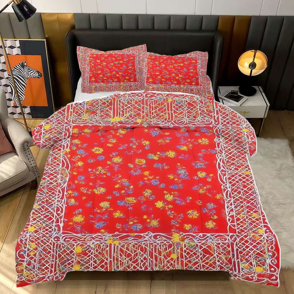 Red Floral Fabric White Border Comforter Set Full Size Bedding Set For ...