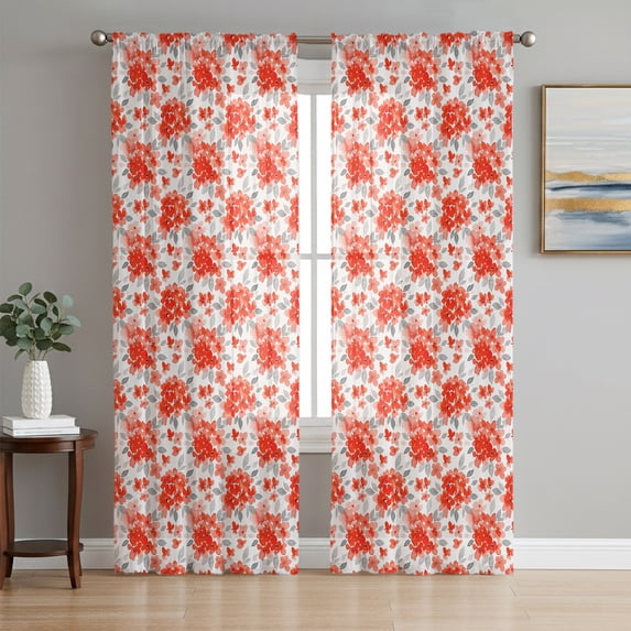 Red Floral Farmhouse Sheer Curtains 96 Inch Length 2 Panels Set, Rustic Flowers Blossom Voile Window Treatment Semi Sheer Long Curtains Drapes for Bedroom/Living Room/Kitchen 52"x96"x2