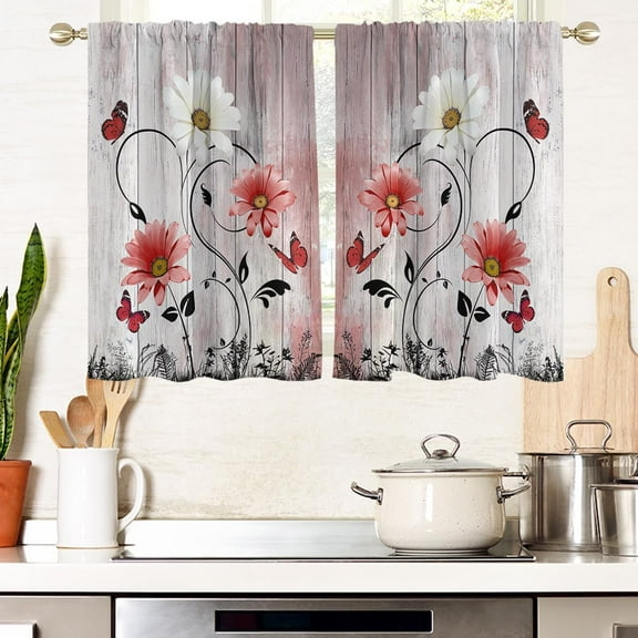 Red Floral Flower Window Curtains for Kitchen Rustic Abstract Leaf White Daisy Vintage Small Short Home Living Room Bedroom Bathroom Drapes Treatment Tiers Fabric 1 Pair, 27.5" W x 39" L, Retro