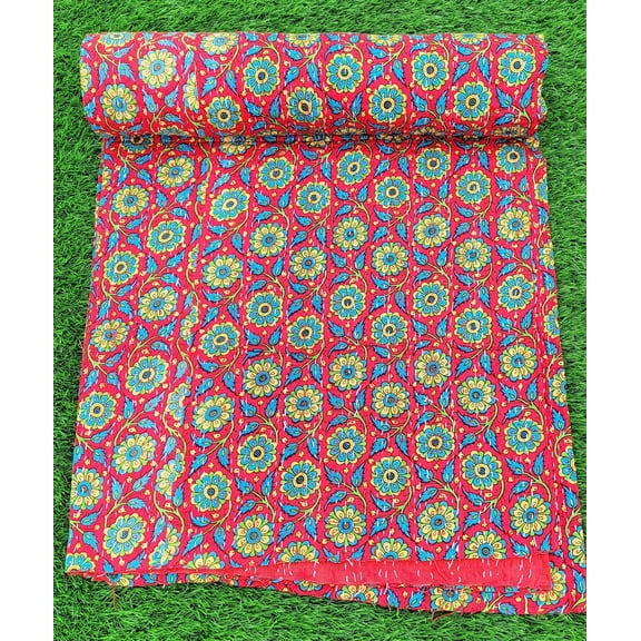 Red Floral Handmade Kantha Quilt Blanket – Soft Cotton Bedspread from India, Boho Quilt with Hand Stitched Design