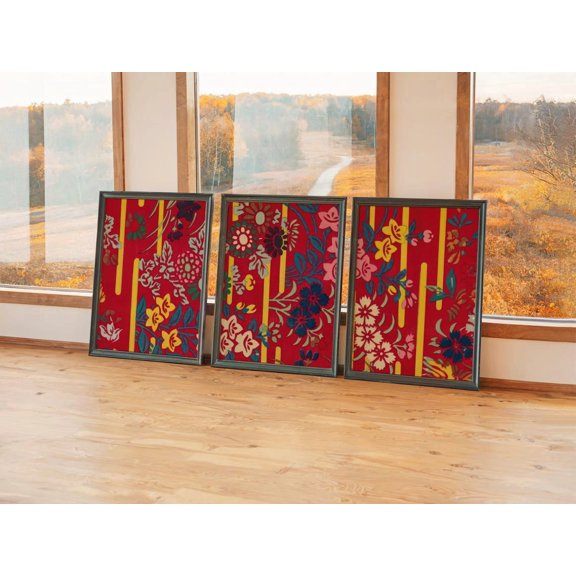Red Floral Kimono Pattern Prints Set Of 3, Traditional Asian Textile Wall Art