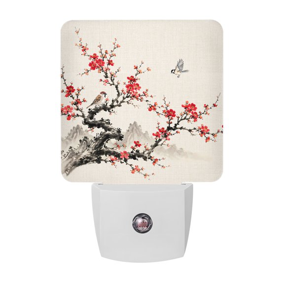 Red Floral LED Night Light, Oriental Plum Blossom Branch Sparrow Linen Texture Night Lights plug into Wall with Smart Sensor Dusk to Dawn Sensor for Nursery Bedroom 2.95x4.5in