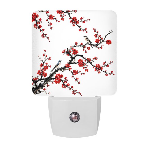 Red Floral LED Night Light, Oriental Zen Plum Blossom Branch Birds Night Lights plug into Wall with Smart Sensor Dusk to Dawn Sensor for Nursery Bedroom 2.95x4.5in