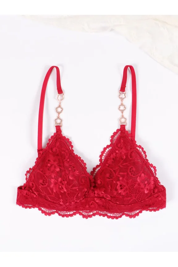 Red Floral Lace Bralette for Women, Thin Adjustable Rhinestone Chain Straps Wireless Triangle Cup Soft Lingerie Bra