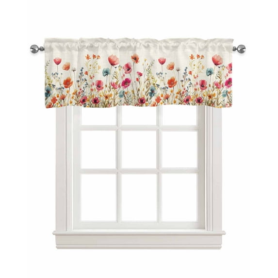Red Floral Linen Curtain Valance for Bedroom/Bathroom/Kitchen/Living/Dining Room Window,Vintage Eucalyptus Botanical Leaves Farmhouse Pocket Topper Drapes Decorative Cafe Drapery Panel 54"x18"