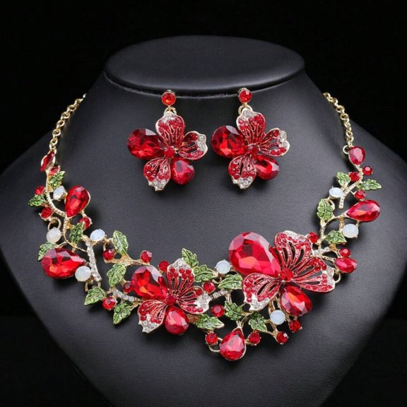 Red Floral Luxury Necklace And Earrings Set With Crystal Gems And Goldtone Metal