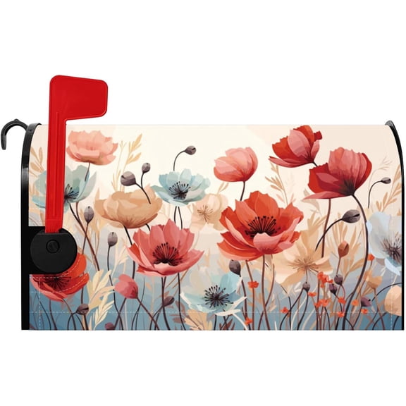 Red Floral Magnetic Mailbox Covers Wildflower Mail Box Cover for Rustic House Decor Pink Poppy Field Flower Post Box Cover Waterproof Mail Box Wraps Outdoor Decor Standard Size 18x21 Inch