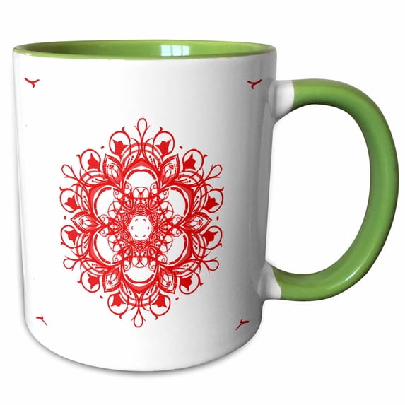 3drose, Red Floral Mandala, 15oz Two-tone Green Mug