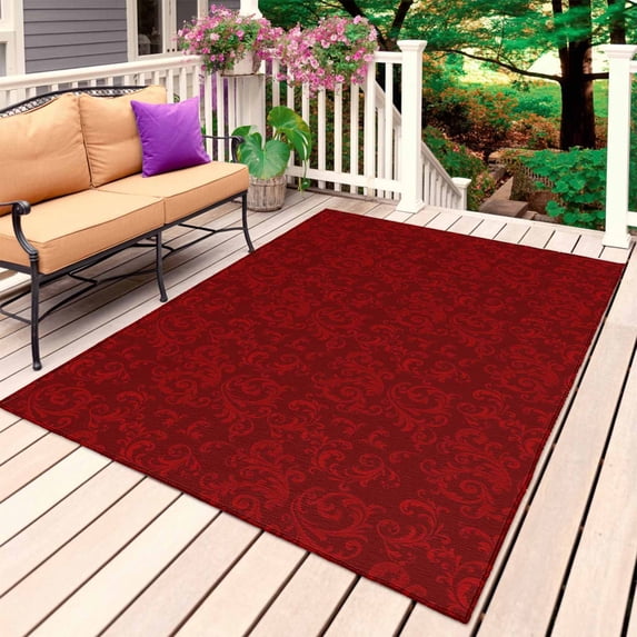 Red Floral Outdoor Rug for Patio/Deck/Porch, Non-Slip Large Area Rug 3 x 5 Ft, Country Farmhouse Abstract Flowers Pattern Indoor Outdoor Rugs Washable Area Rugs, Reversible Camping Rug Carpet Runner