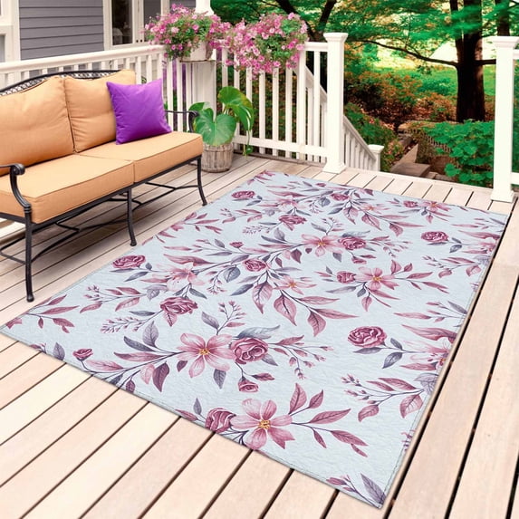 Red Floral Outdoor Rug for Patio/Deck/Porch, Non-Slip Large Area Rug 3 x 5 Ft, Country Watercolor Spring Flower Indoor Outdoor Rugs Washable Area Rugs, Reversible Camping Rug Carpet Runner