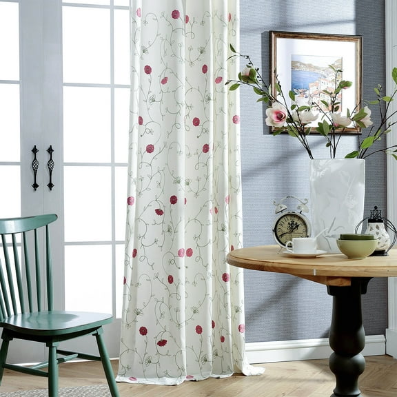 VOGOL Red Floral Pattern Embroidered Curtains, Light Filtering Elegant Faux Linen Drapes for Bedroom, Grommet, W52"xL84", 2 Panels