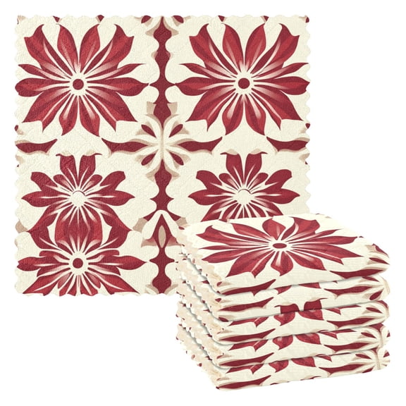 Red Floral Pattern Kitchen Cloth Dish Towels for Drying Washing Absorbent Dish Rags 6 Pack